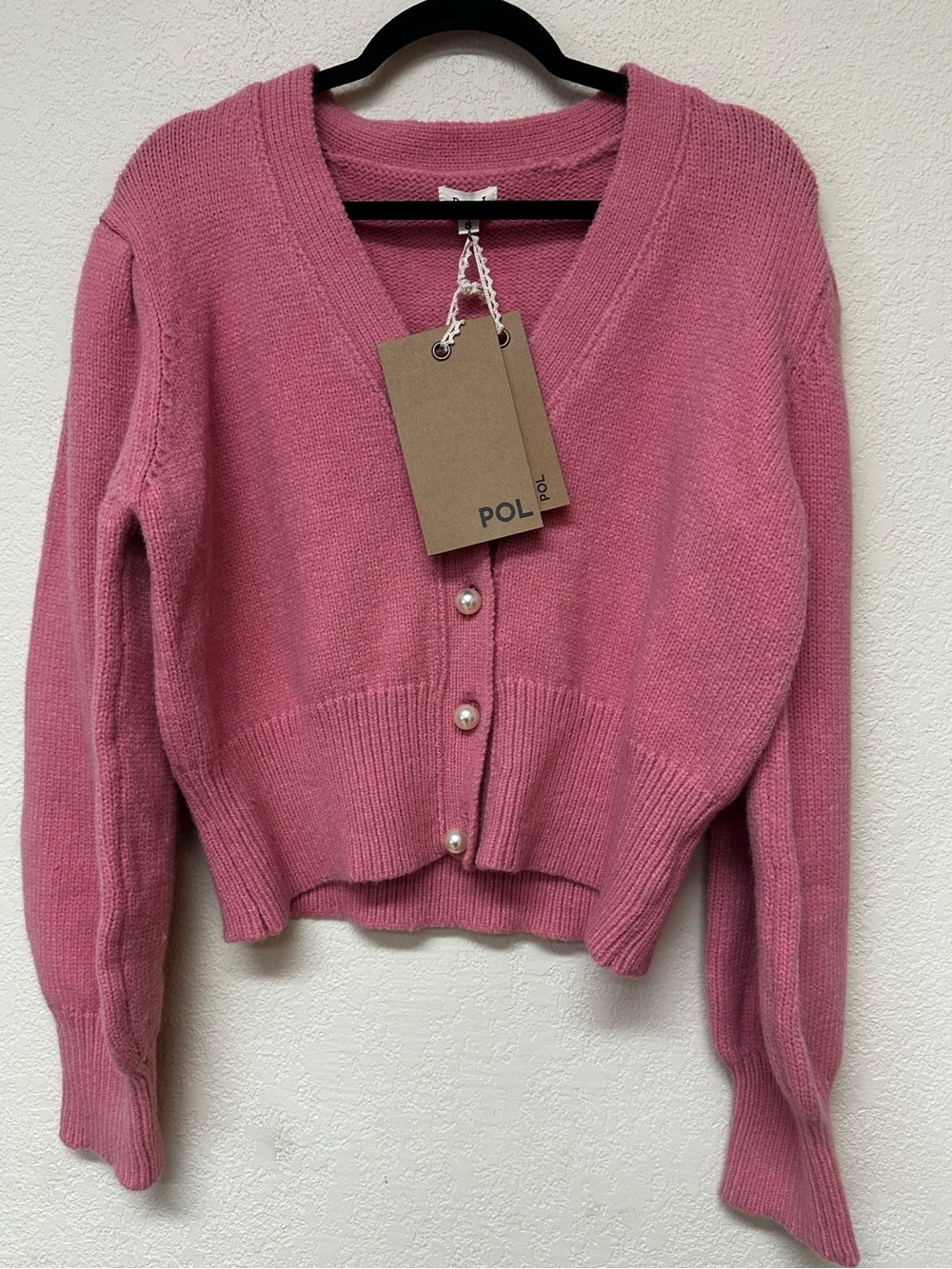 POL NWT Rose Pink V-Neck Pearl Button Cardigan sweater size S